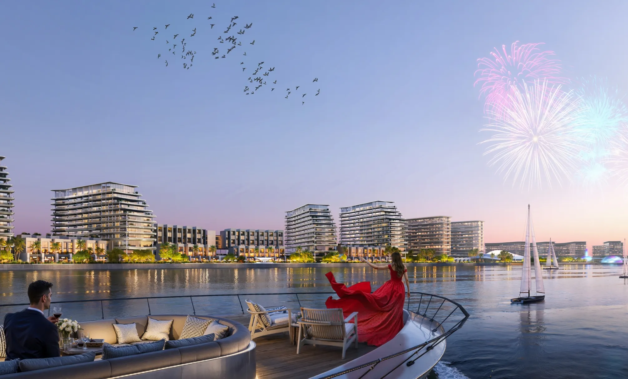 Nabrzeże Sobha City w Abu Zabi o zmierzchu — apartamentowce nad wodą, jacht i fajerwerki
